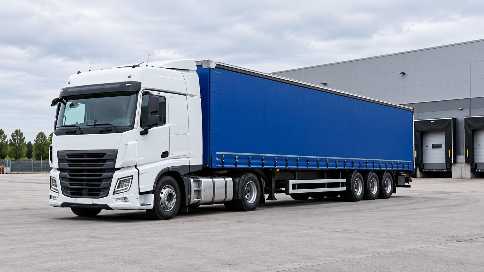 Weißer Sattelzug mit blauem Auflieger auf einem Logistikgelände